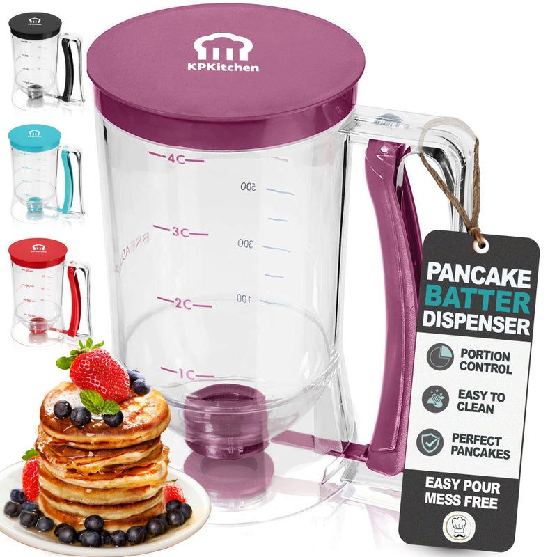 KPKitchen Pancake Batter Dispenser - Kitchen Must Have Tool for Perfect Pancakes, Cupcake, Waffle, Muffin Mix, Cake & Crepe - Baking Supplies for Griddle - Pancake Maker with Measuring Label (Purple) - Image 1